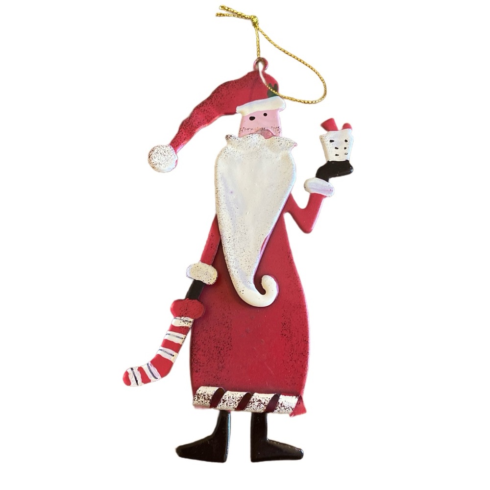 Metal Santa Claus Christmas Ornament Holding Present Gift Whimsical Rustic